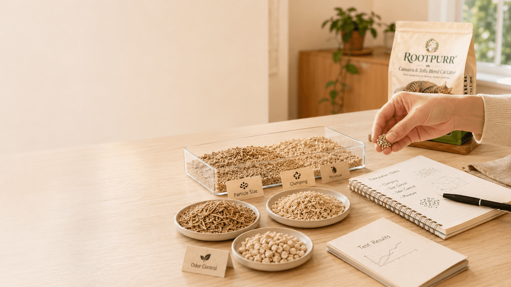 A hand examining cassava and tofu cat litter pellet samples in trays alongside a RootPurr bag and test notebook.