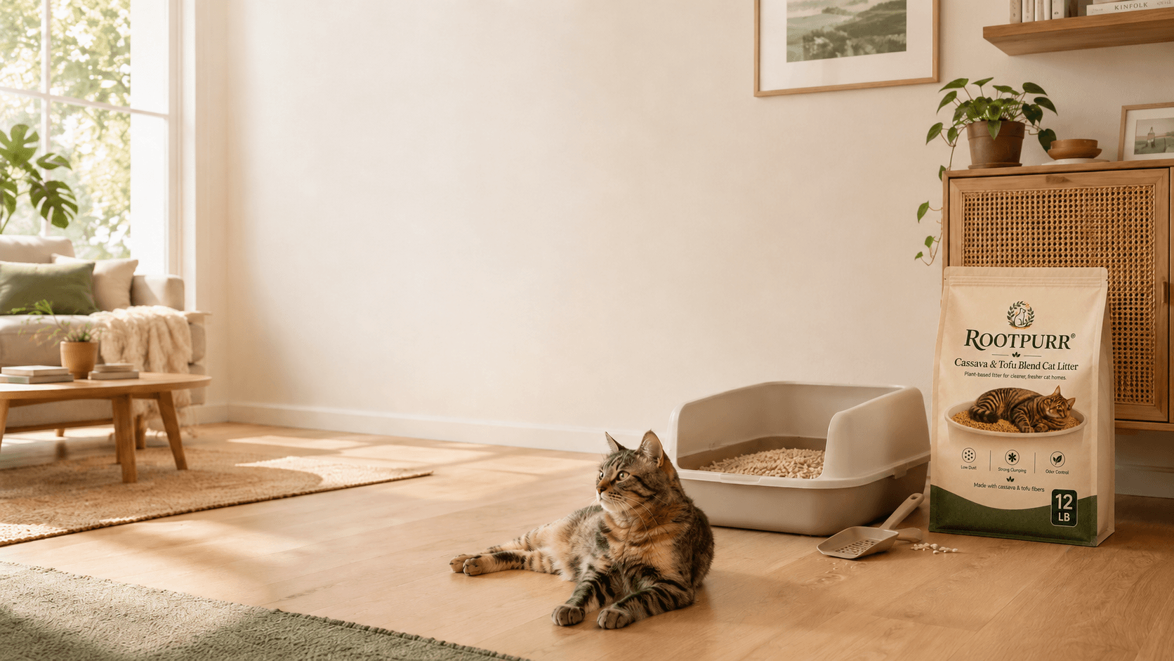 A cat resting on the wood floor of a sunlit modern living room beside a RootPurr cassava cat litter bag and litter box.