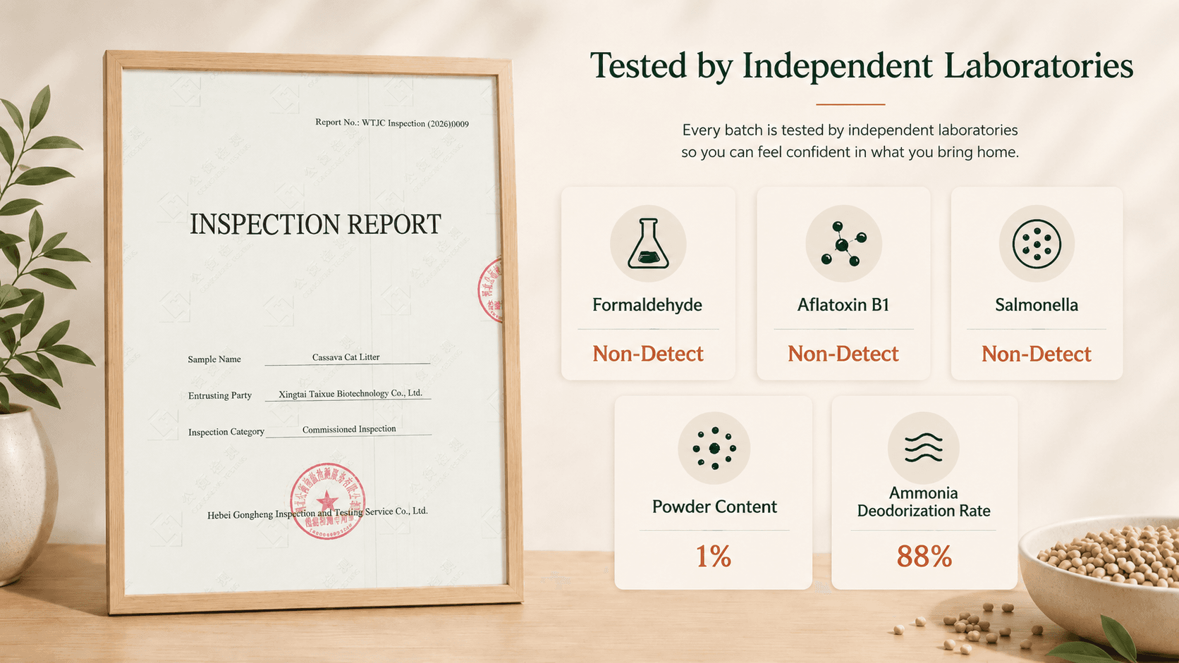 A framed third-party inspection report next to icons of the five lab values — formaldehyde, aflatoxin B1, salmonella, powder content, and ammonia deodorization.