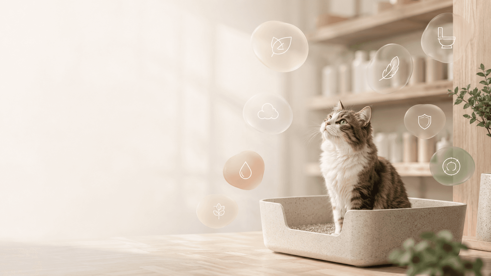 A cat sitting in a clean litter box surrounded by floating icons that represent typical marketing claims — natural, safe, low dust, eco-friendly, flushable.