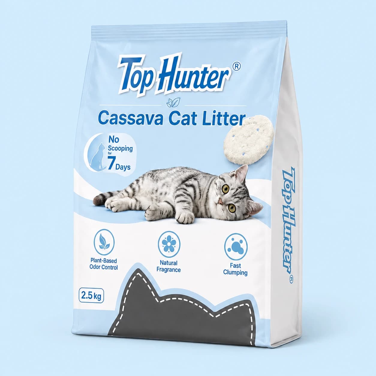 TopHunter 2.5 kg bag shown from the front and side — 3D packaging concept