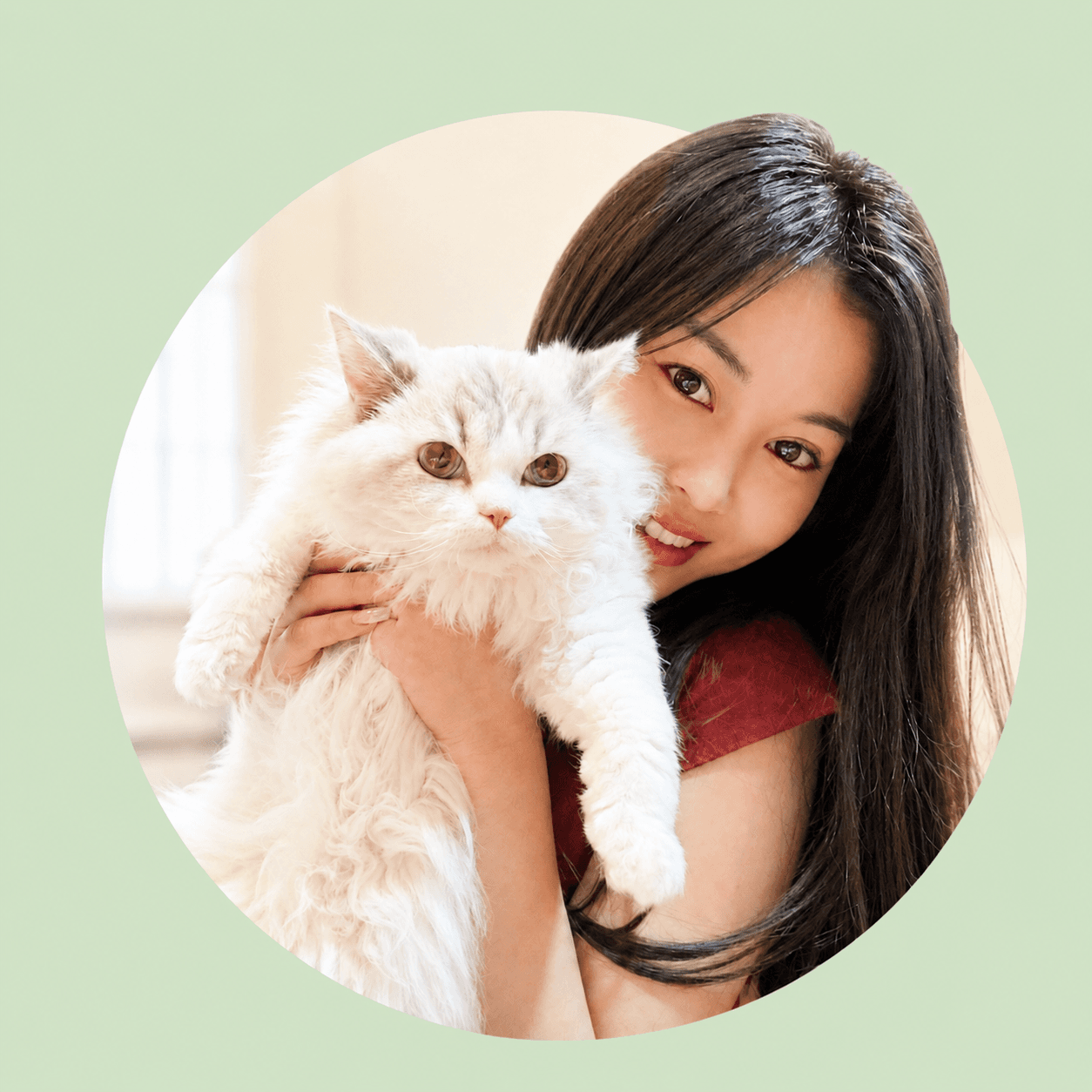 A cat owner cuddling her fluffy white Ragdoll — the kind of clean, close moments RootPurr is made for.