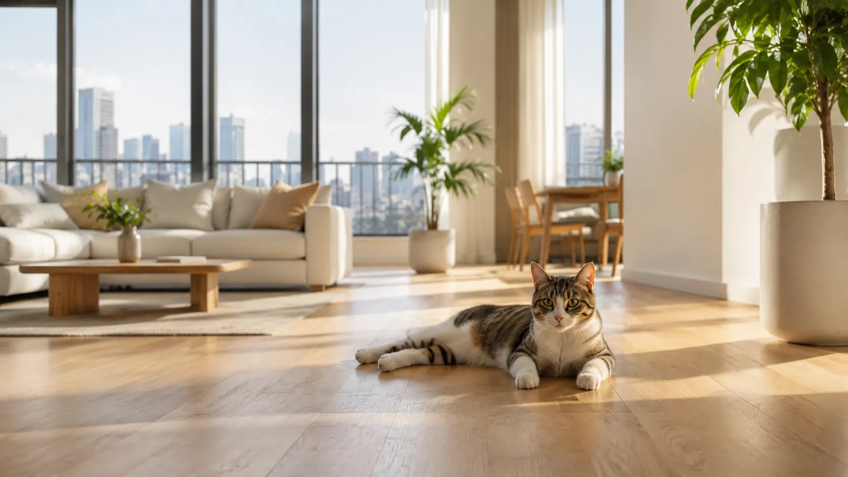 A cat resting on the clean wood floor of a bright, modern apartment