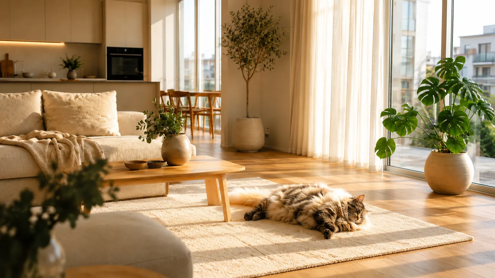 A cat curled up asleep on a rug in a warm, sunlit living room