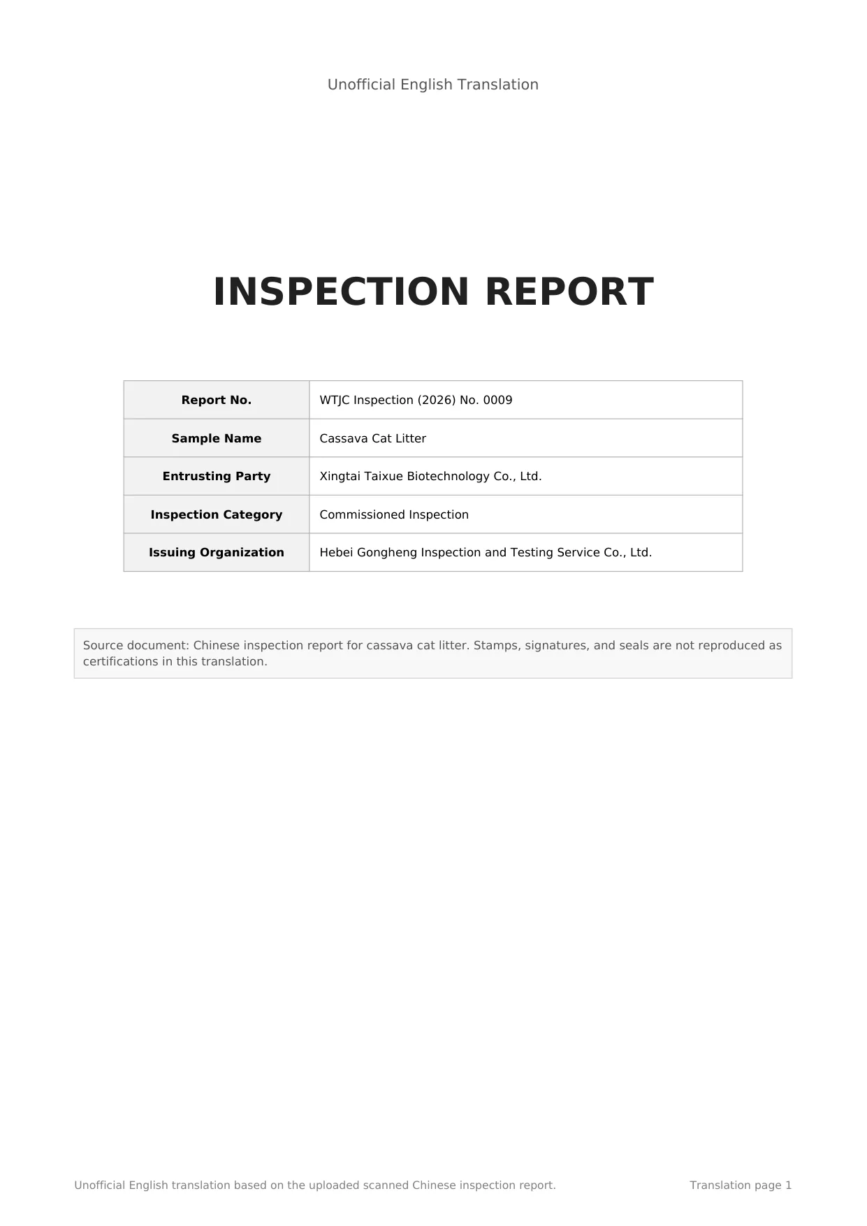 Inspection Report WTJC 2026 No. 0009, English translation — page 1 of 4